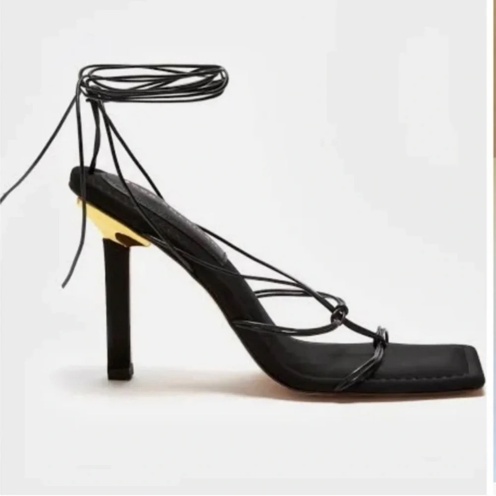 Good American Black Neoprene Ankle Lace Up Sandal Heels New In Box NIB - Picture 2 of 7